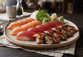 Nigiri mit Lachs, Thunfisch und gegrilltem Aal